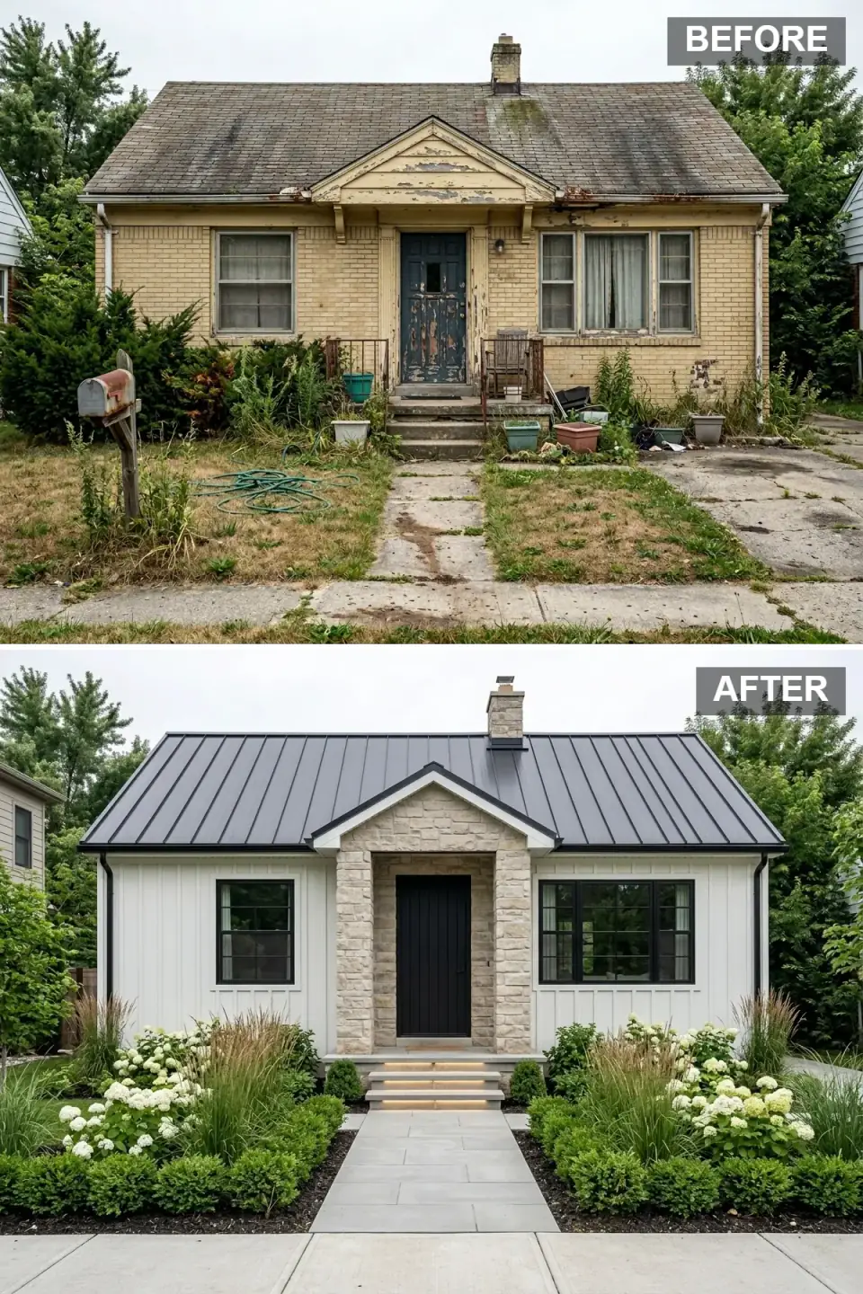 White board-and-batten farmhouse with a dark standing-seam metal roof, black-framed windows, a stone entry surround, LED-lit steps, and clipped boxwood with white hydrangeas