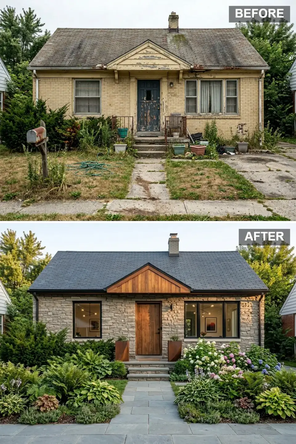 Variegated stone-veneer cottage with a cedar gable, slate-look architectural shingles, large black-framed windows, a walnut door, and a layered cottage garden of hydrangeas and ferns