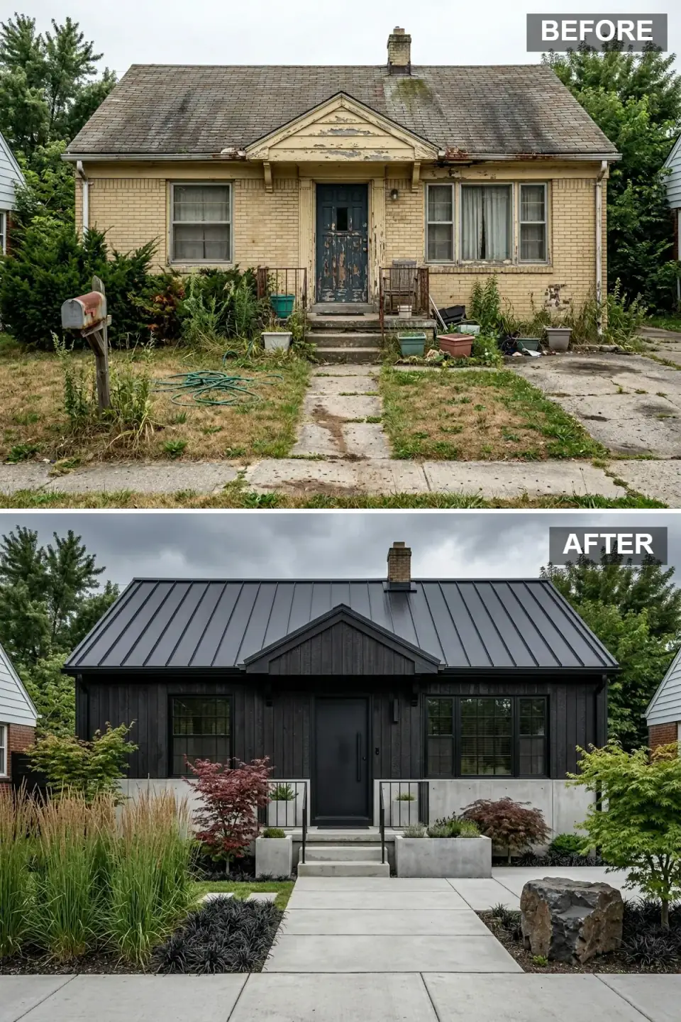 All-black house with vertical siding and a matching standing-seam roof, raw concrete base, hidden black door, and a Japanese-inspired landscape with burgundy maples and a boulder