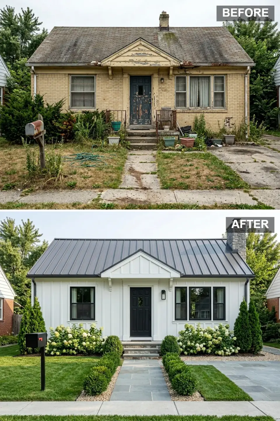 White painted-brick and board-and-batten farmhouse with a gunmetal standing-seam roof, classical pediment, black six-panel door, arborvitae, and symmetrical white hydrangeas