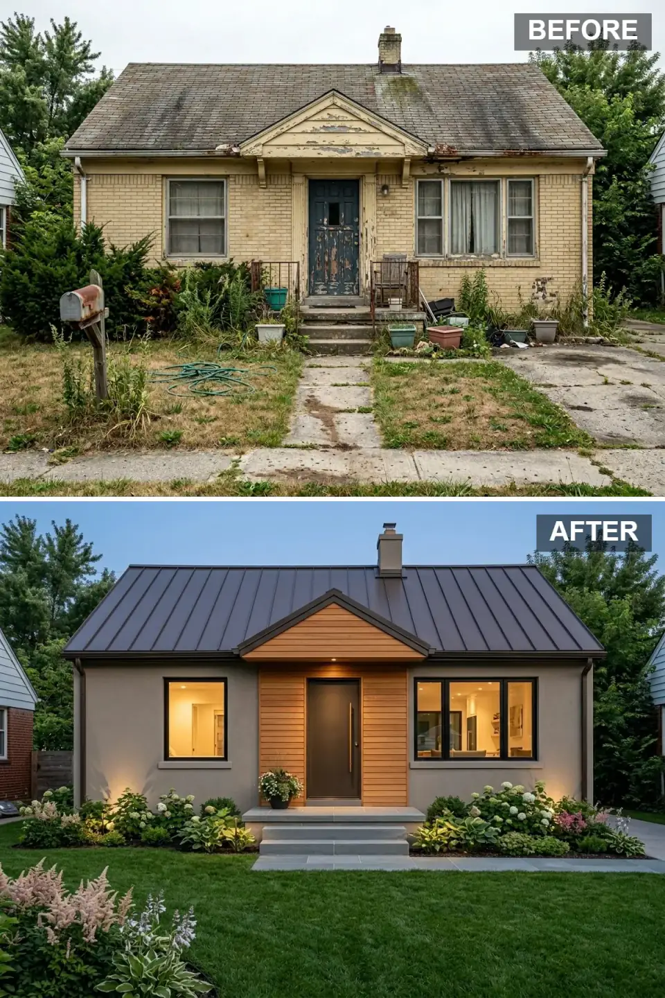 Taupe stucco and horizontal cedar contemporary cottage at dusk with a bronze standing-seam roof, large black windows glowing warmly, soffit and garden uplighting, and soft perennial beds