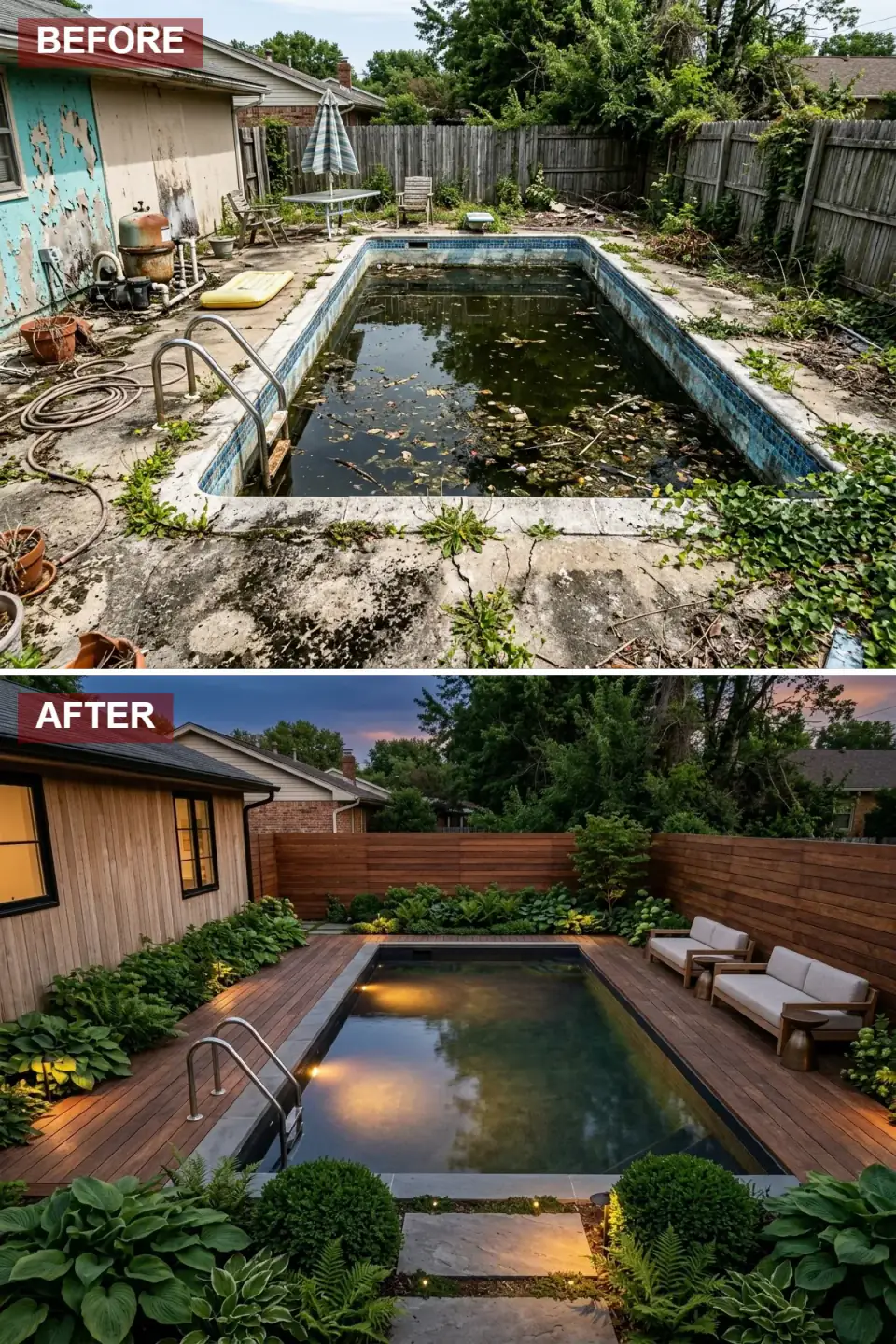 Cedar-decked backyard pool renovation with dark plaster interior, horizontal cedar privacy fence, landscape uplighting, and teak lounge furniture in a wooded Hudson Valley setting