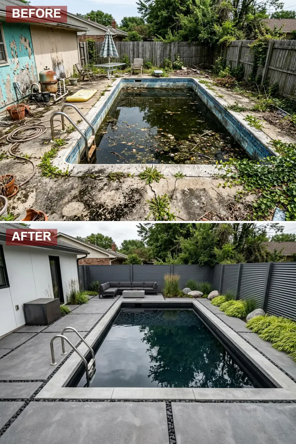 Industrial-style pool renovation with grid-laid concrete-look pavers separated by black river stone strips, dark grey slatted metal fence, near-black pool tile, and a charcoal sectional surrounding a rectangular concrete fire pit