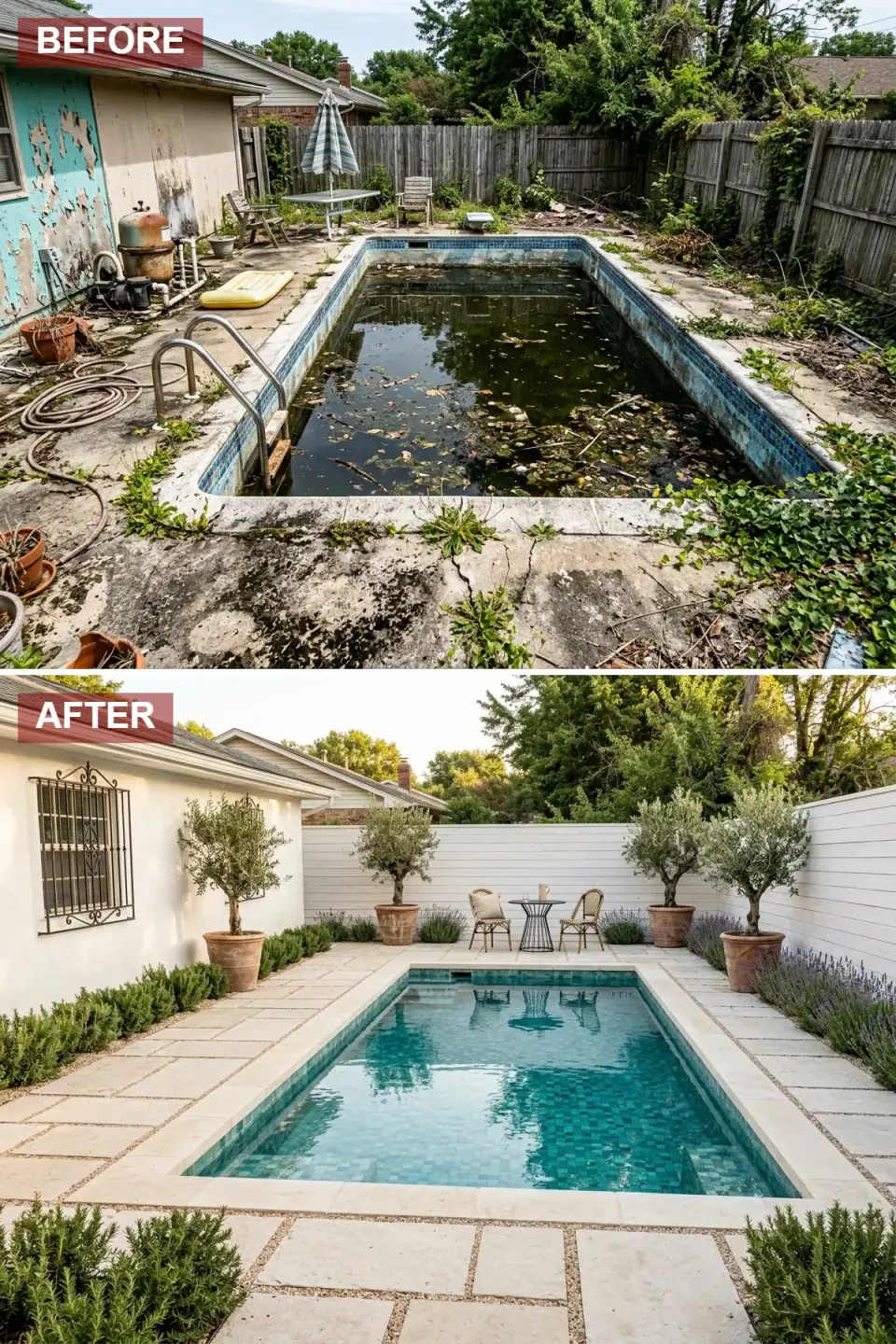 European-style backyard pool with white stucco perimeter walls, light limestone pavers with gravel joints, four symmetrical terracotta-potted olive trees, lavender and rosemary hedging, and a wrought-iron bistro set