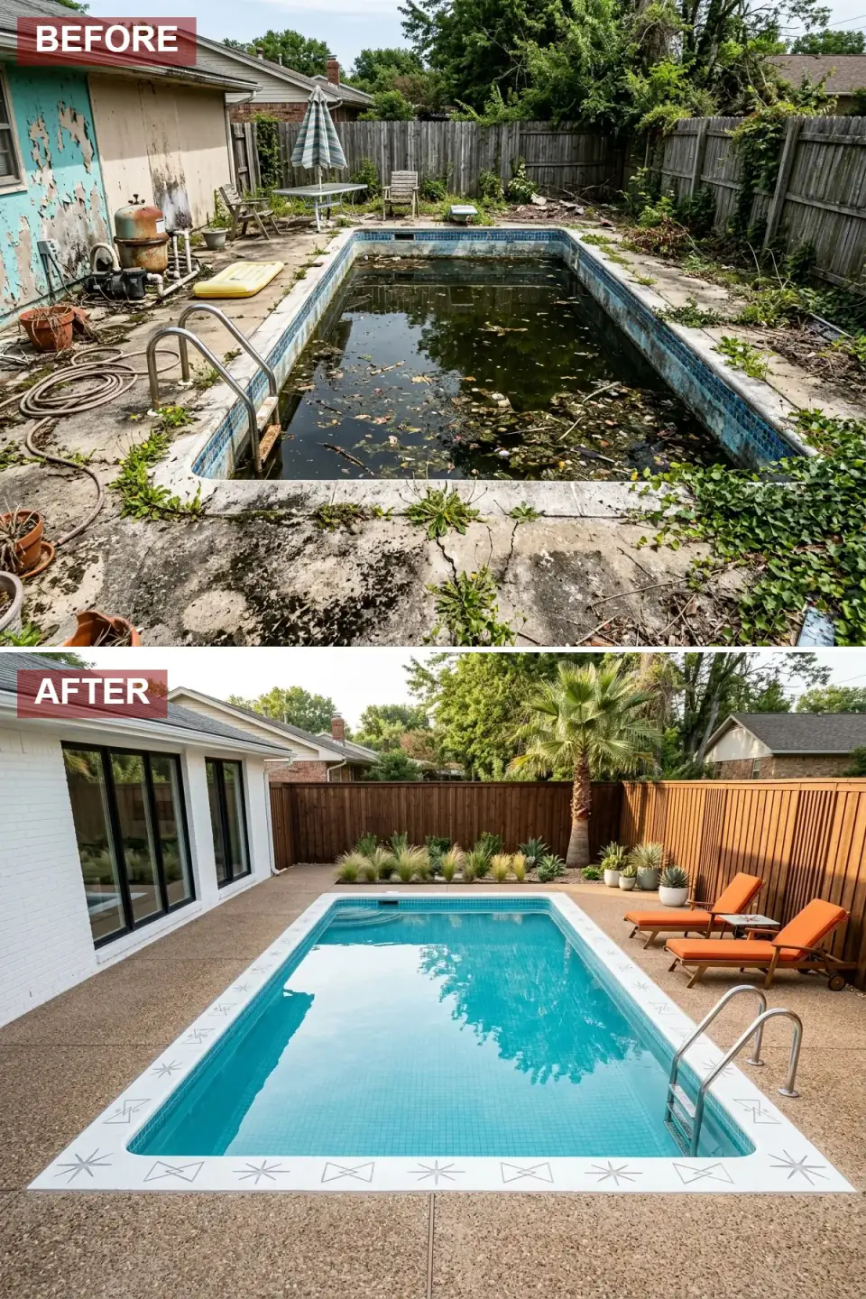 Mid-century modern pool renovation with white painted brick house, vertical cedar fence, exposed aggregate concrete deck in sandy tan, turquoise pool with atomic starburst tile band, orange chaise loungers, and a single tall palm