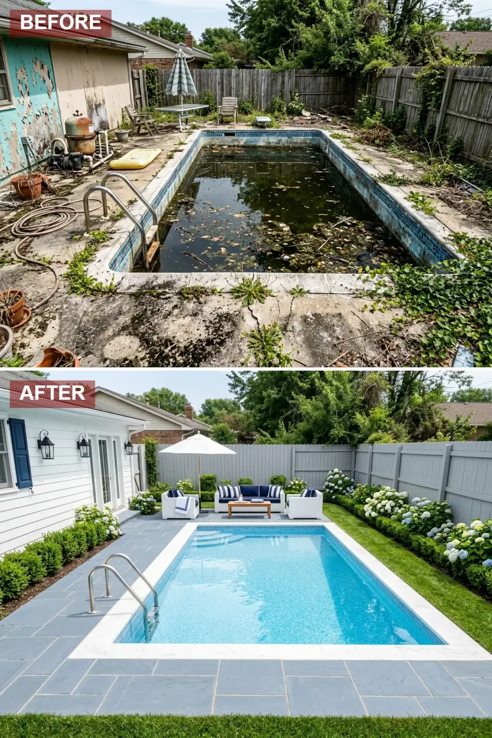 Coastal-style pool renovation with bluestone decking laid in a formal grid, white Hardie siding with navy shutters, symmetrical lounge seating in navy-and-white stripes, and hydrangea-and-boxwood plantings
