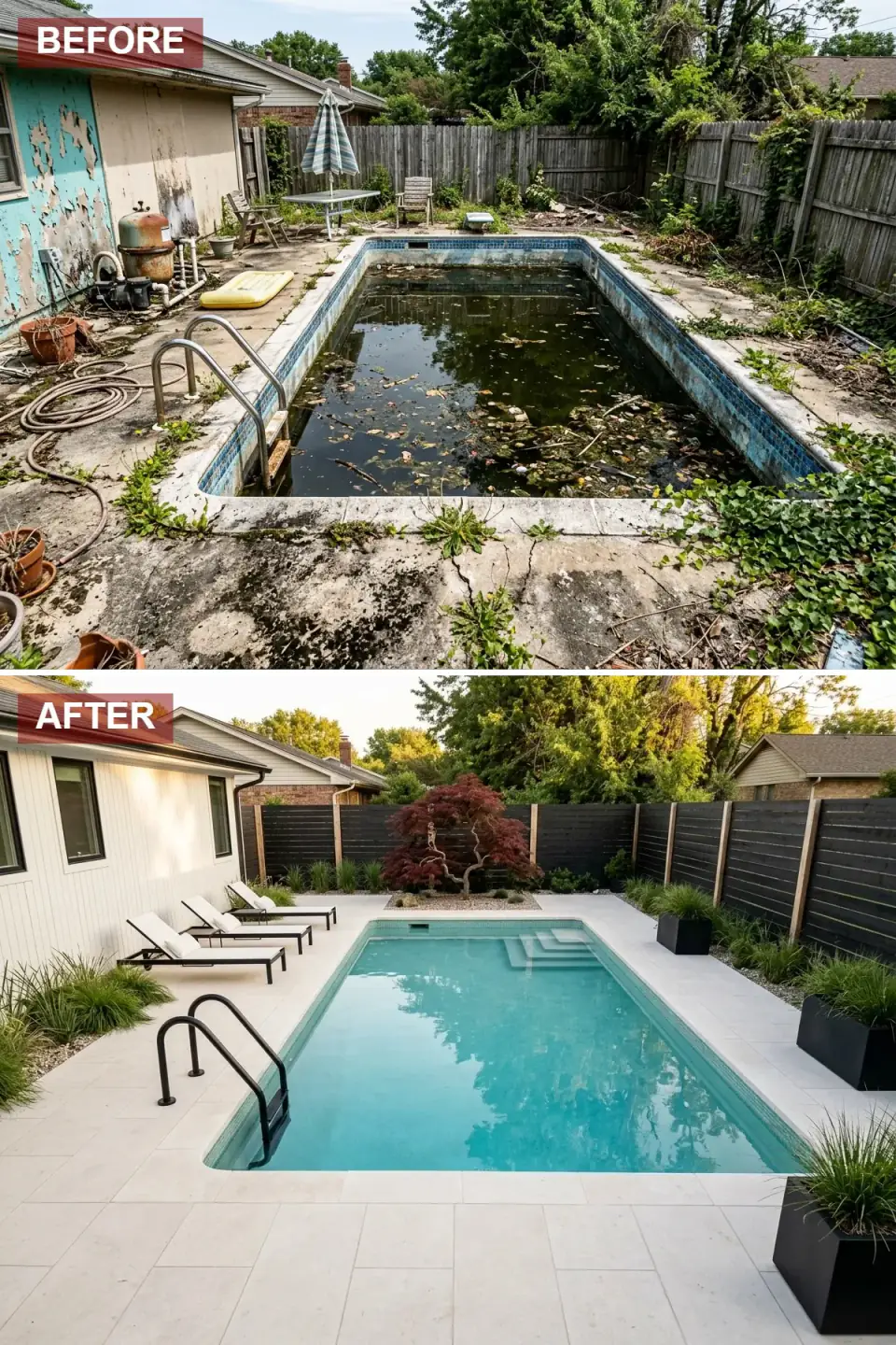 Minimalist pool courtyard with large-format ivory porcelain pavers, matte black slat fence, white stucco facade with black steel window frames, and a single sculptural Japanese maple at the far end