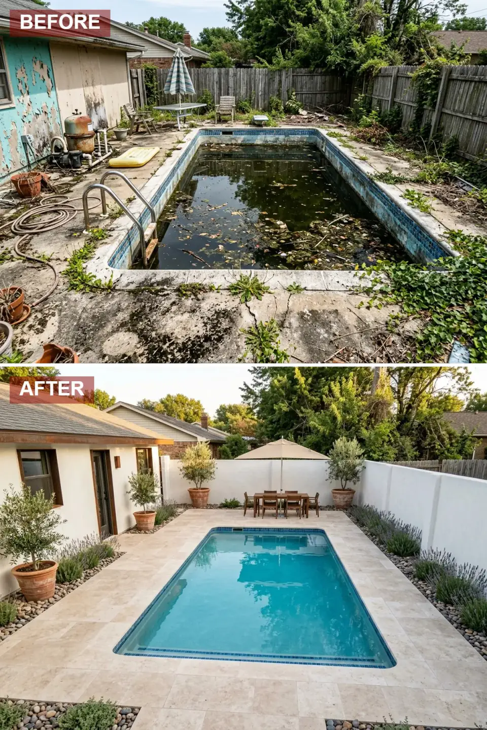 Mediterranean backyard pool renovation with travertine deck, white stucco perimeter walls, cobalt-tile pool border, oversized terracotta pots holding olive trees, and lavender-and-rosemary gravel borders