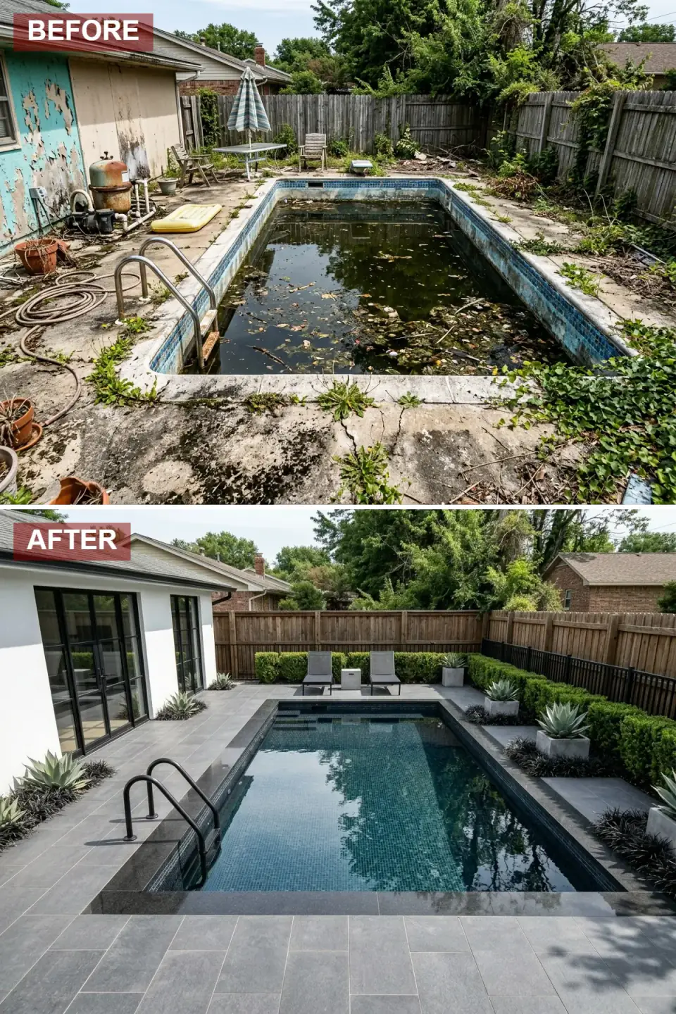 Contemporary pool renovation with oversized charcoal slate deck tiles, dark mosaic glass pool interior, white stucco house facade with black steel-framed glass doors, and clipped boxwood with agave plantings