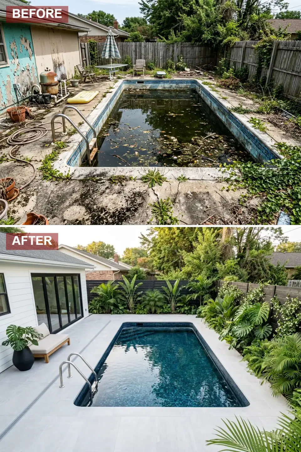 Tropical-style backyard pool with pale porcelain deck, navy mosaic pool interior, dense layered plantings of monstera, palm and fern, a low teak daybed, and black-framed sliding glass doors on a white house