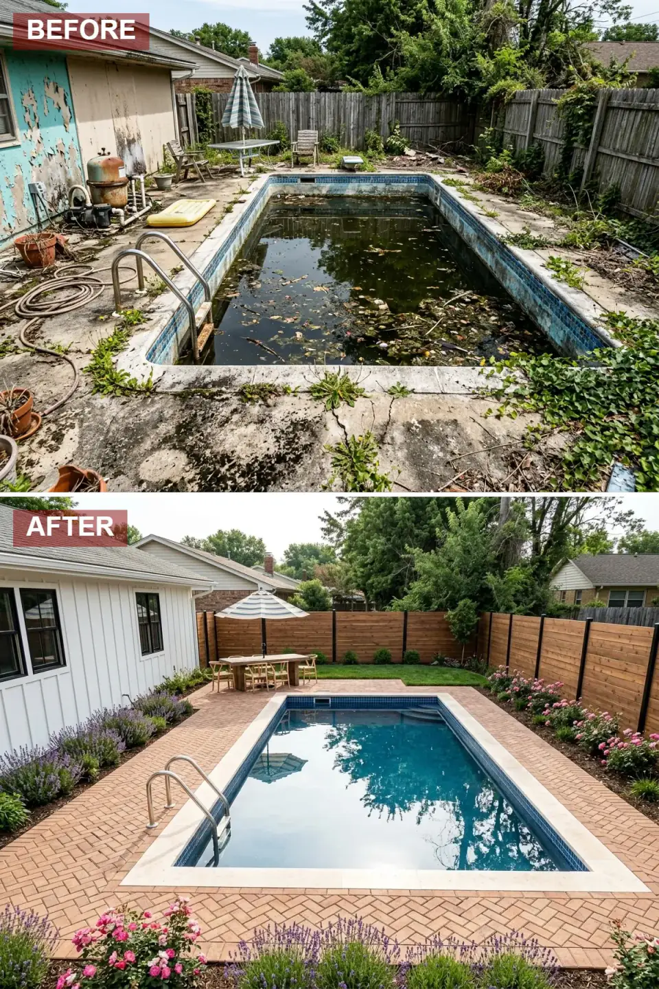 Farmhouse pool renovation with herringbone brick pool deck, white board-and-batten siding, cedar fence with black metal posts, lavender and rose plantings, and a wooden dining set under a striped umbrella