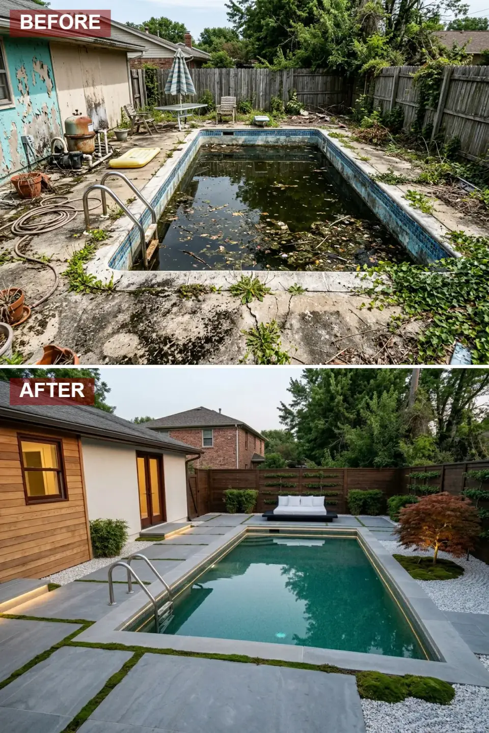 Japanese-influenced pool renovation with large grey stone pavers interplanted with moss and river gravel, a dark-stained wood fence, integrated LED coping lighting, and a black platform daybed beneath a Japanese maple