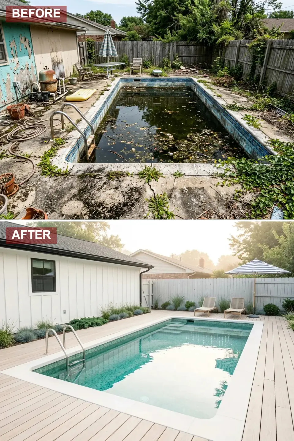 Scandinavian-style pool renovation with pale bleached-wood deck, white house exterior with black roof and window trim, soft grey fence, minimalist wood loungers, and clumps of ornamental grasses around a turquoise mosaic pool