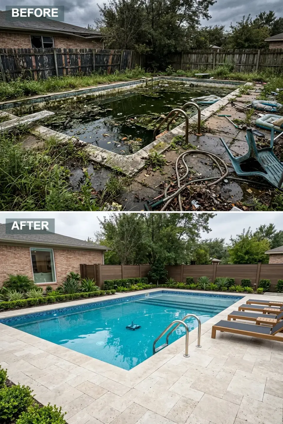 Renovated backyard pool with crystal turquoise water, cobalt mosaic waterline tile, warm ivory travertine-look pavers, horizontal mocha privacy fence, boxwood hedges, and teak loungers