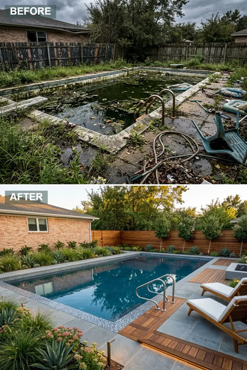 Contemporary pool deck combining cool grey slate and warm ipe wood insets with a linear concrete fire pit, teak chaises, uplighted cedar slat fence, and integrated LED edge lighting at dusk