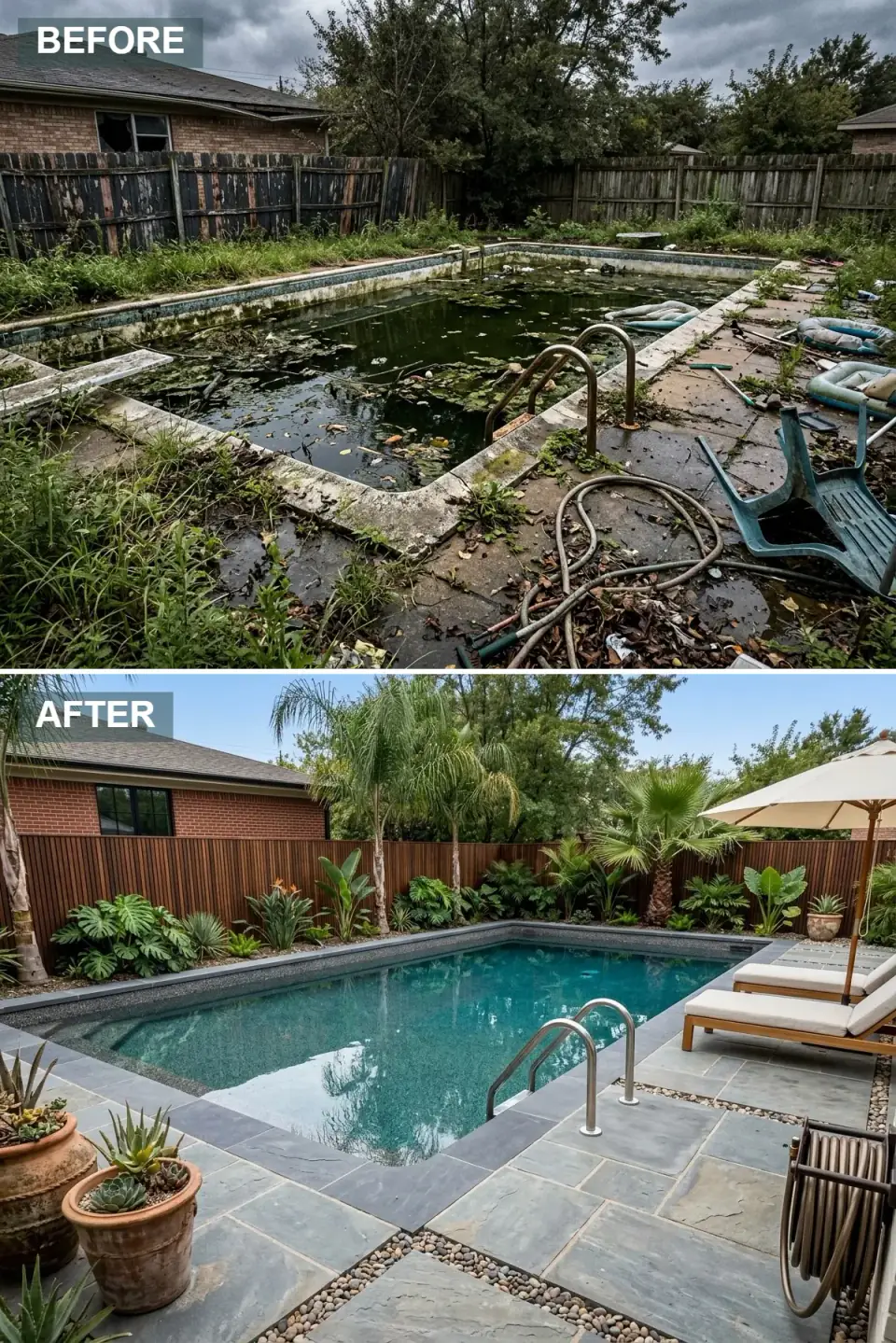 Tropical pool retreat with dark charcoal slate pavers, pebble drainage strips, deep walnut vertical fence, deep teal water, palms and monstera, teak loungers, a market umbrella, and oversized terracotta pots