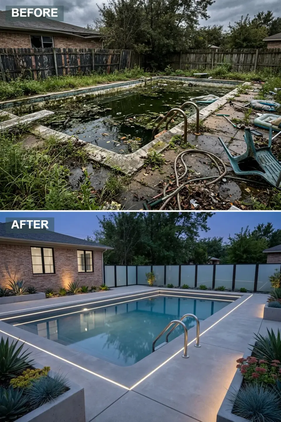 Minimalist pool resurfaced in pale concrete-look porcelain with continuous linear LED lighting in the coping, frosted glass fence panels in dark aluminum frames, and concrete planters of agave and blue fescue