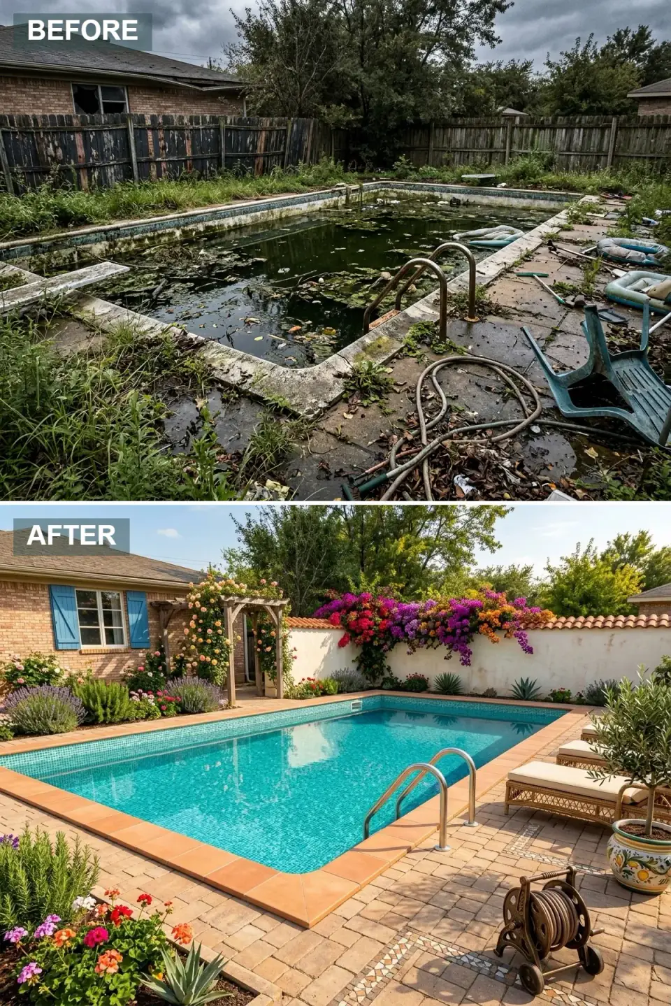 Tuscan-style pool with turquoise water, terracotta bullnose coping, herringbone brick decking in rose and ochre, a stucco wall draped in magenta bougainvillea, blue shutters, and wicker loungers