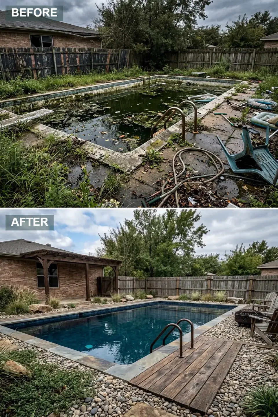 Naturalistic pool with a river rock ground plane, native grasses and boulders, silver-tan flagstone coping, a timber pergola, unstained wood fence, a metal fire bowl, and Adirondack chairs