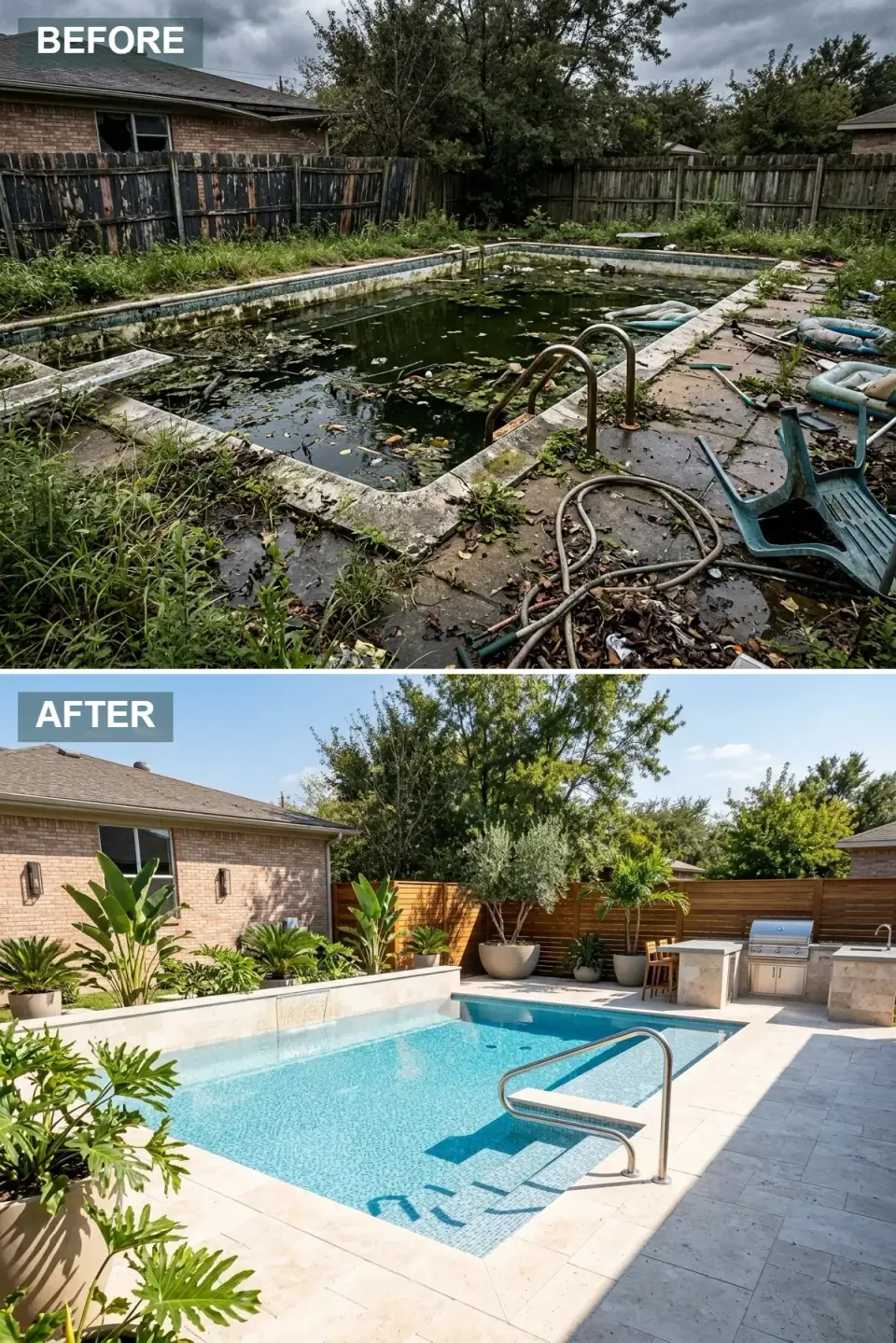 Resort-style pool with pale limestone-look deck, light blue iridescent mosaic interior, integrated sun shelf with stainless handrail, a full outdoor kitchen, oversized concrete planters, and tropical specimens
