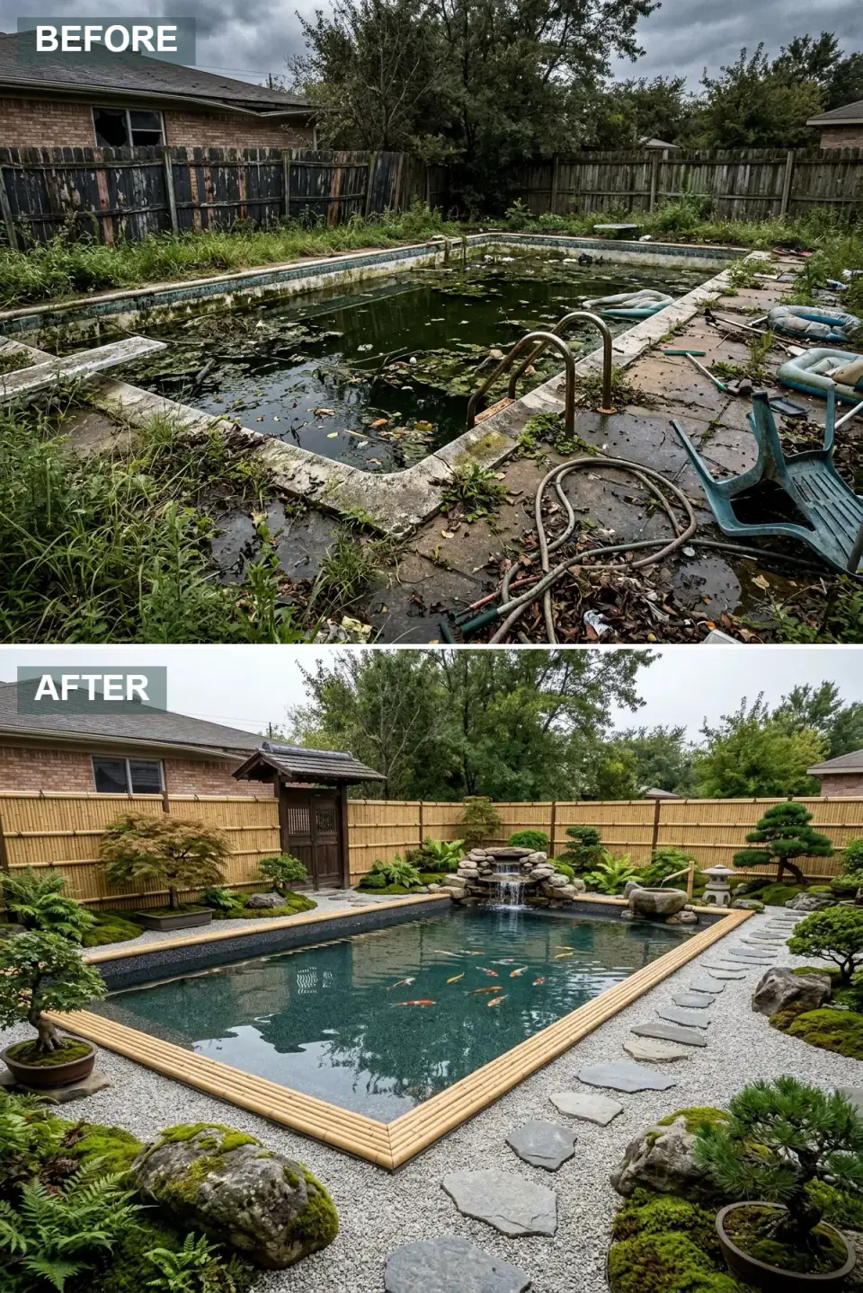 Former pool converted to a Japanese koi garden with dark water, bamboo trim, raked gravel courtyard, irregular stepping stones, a stacked-stone waterfall, a stone lantern, Japanese maples, and a bamboo fence
