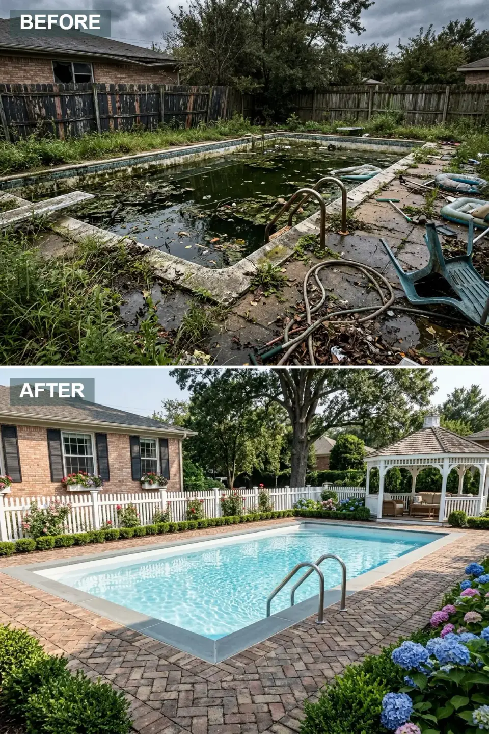 Hamptons-style pool with bluestone coping, herringbone red brick decking, a white picket fence with climbing roses, boxwood hedges, a white shingled gazebo, black shutters, and blue and pink hydrangeas