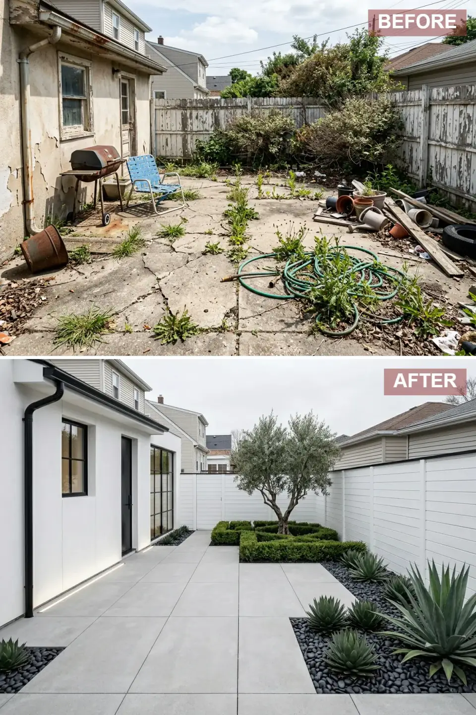 Minimalist Mediterranean backyard with white stucco home, razor-sharp black window frames, large-format pale gray patio tiles, recessed linear LED at the foundation, a single olive tree and black river rock beds with agave