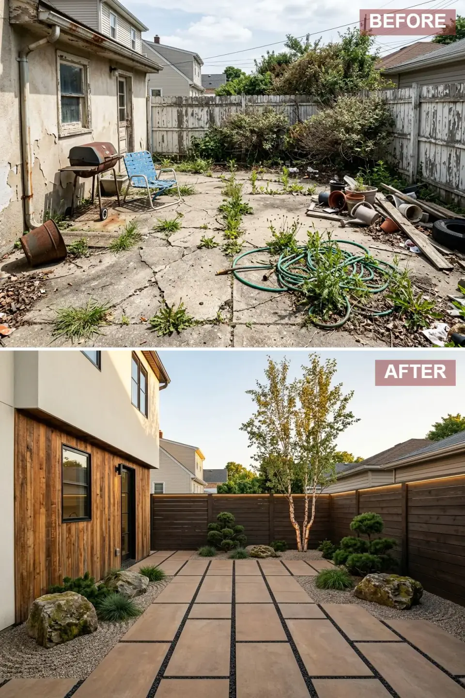 Japanese-inspired zen backyard with cedar-clad lower facade, tan paver grid set in dark gravel joints, dark stained fence with linear lighting, white birch trees and cloud-pruned evergreens