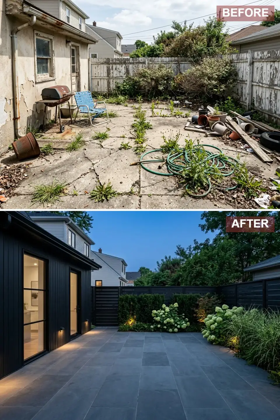 Dramatic nighttime backyard with matte black vertical siding, oversized charcoal stone pavers, black slat fence backdrop, white hydrangeas, and warm amber landscape uplighting
