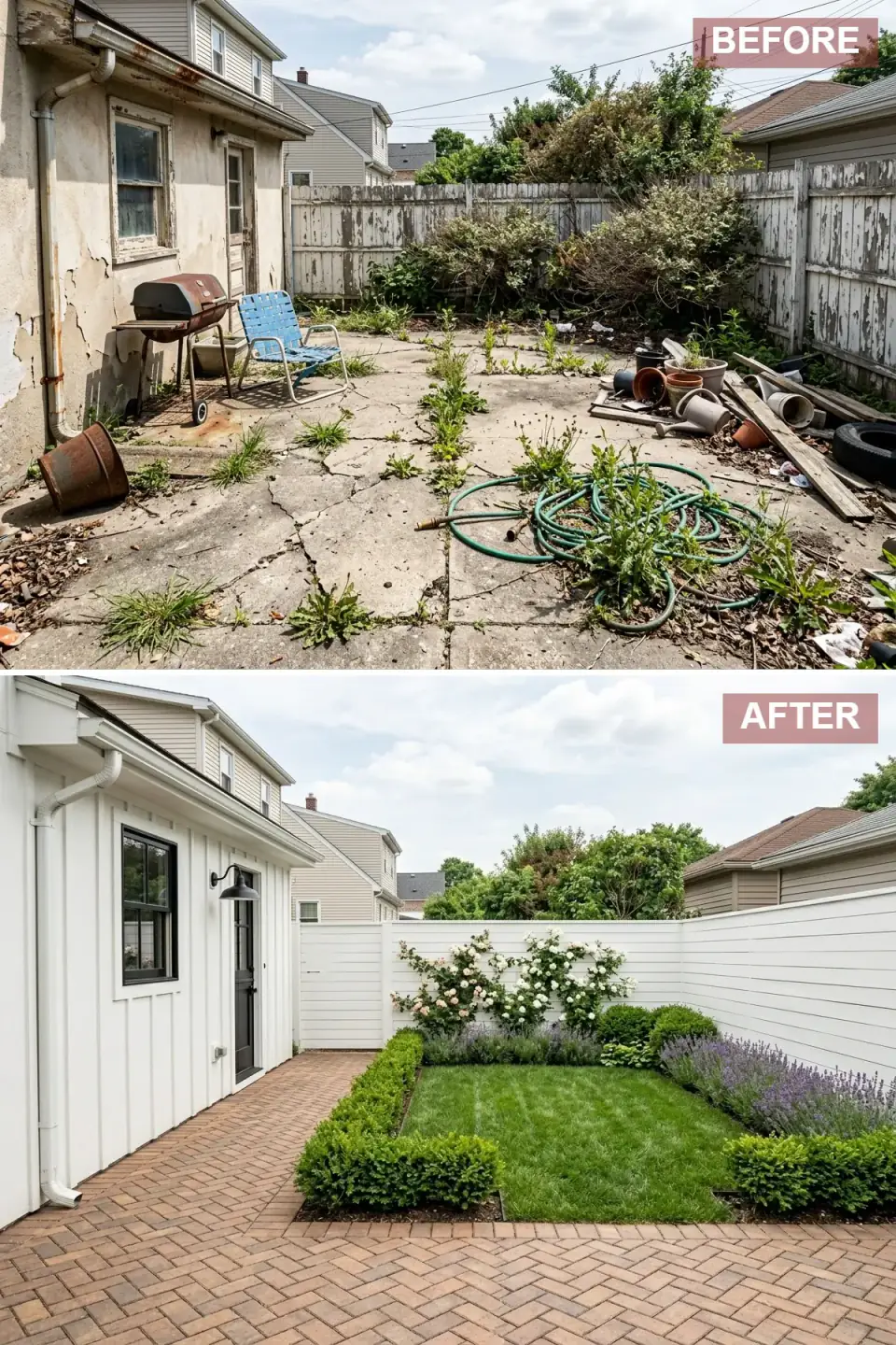 Cottage garden backyard with bright white horizontal siding, black-framed windows, herringbone terracotta brick patio, white picket fence with climbing roses, boxwood hedges and lavender drifts
