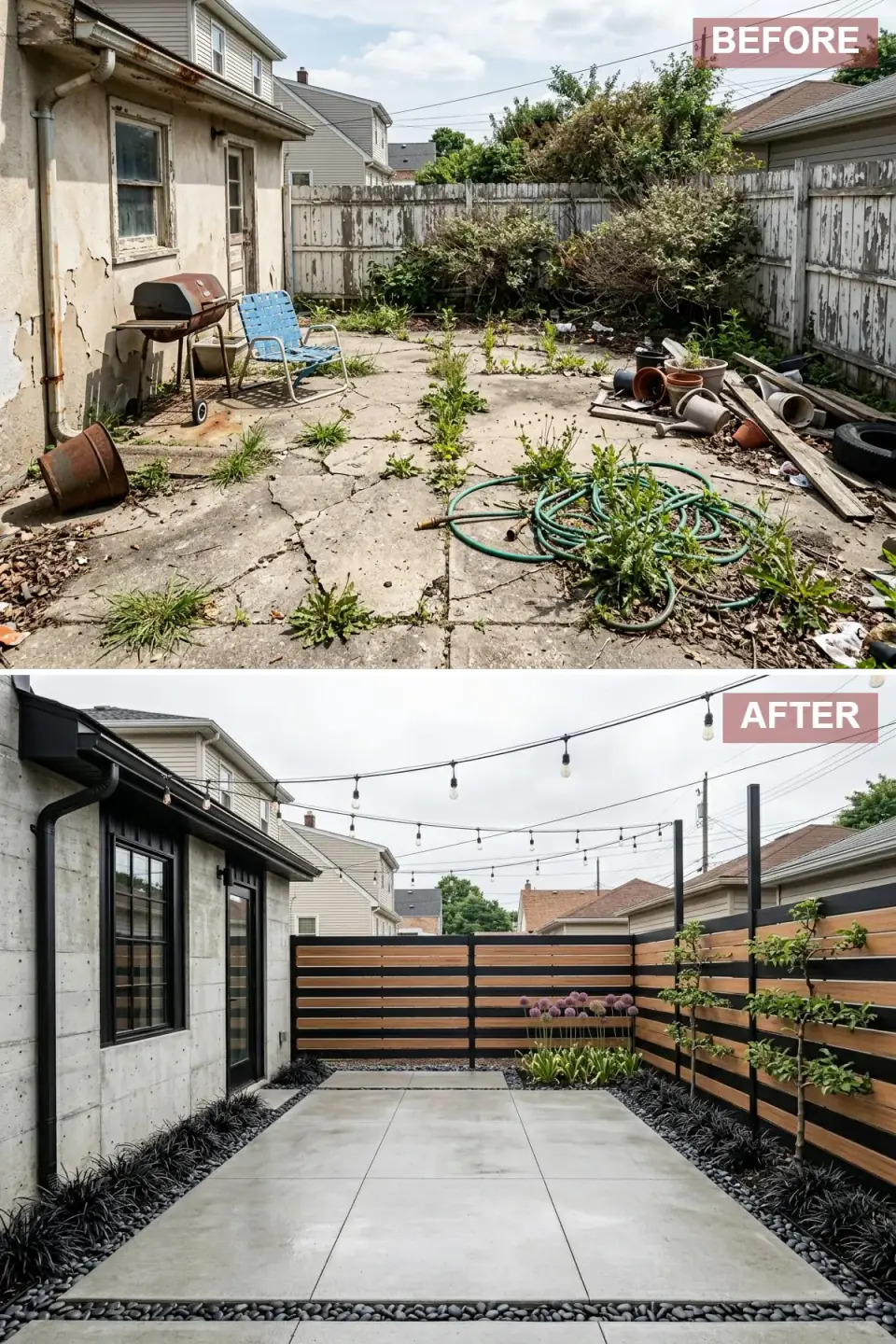 Industrial urban courtyard with board-formed concrete exterior, poured concrete patio bordered by black river rock, alternating cedar and black steel fence, and zigzag cafe string lights overhead