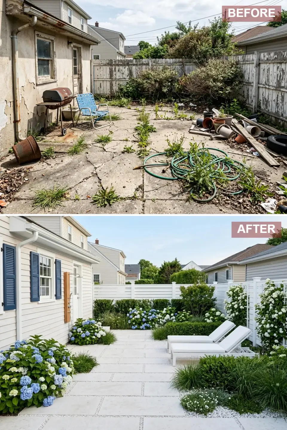 Hamptons-style coastal backyard with white clapboard siding, navy shutters, outdoor shower, pale limestone pavers with pebble joints, white fence, blue and white hydrangeas and white chaise lounges