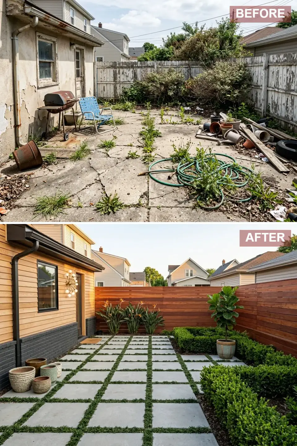 Warm modern tropical backyard with honey cedar horizontal siding over a dark gray brick base, brass sputnik sconce, square concrete pavers interplanted with mondo grass, bird of paradise and a fiddle leaf fig