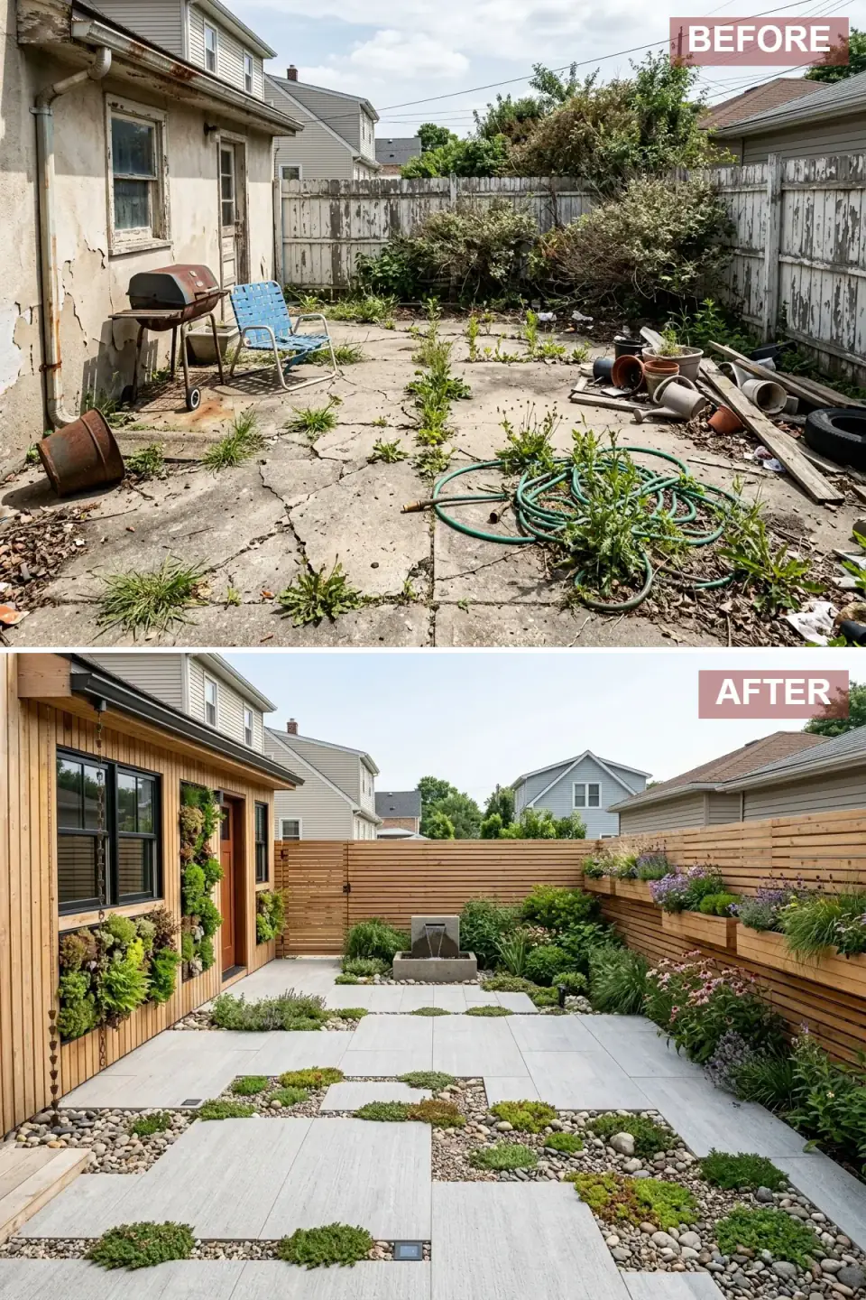 Eco-modern backyard with light cedar vertical siding, a living wall framing the door, wood-look porcelain pavers with sedum and pebble strips, fence-mounted herb planters and a modern concrete fountain