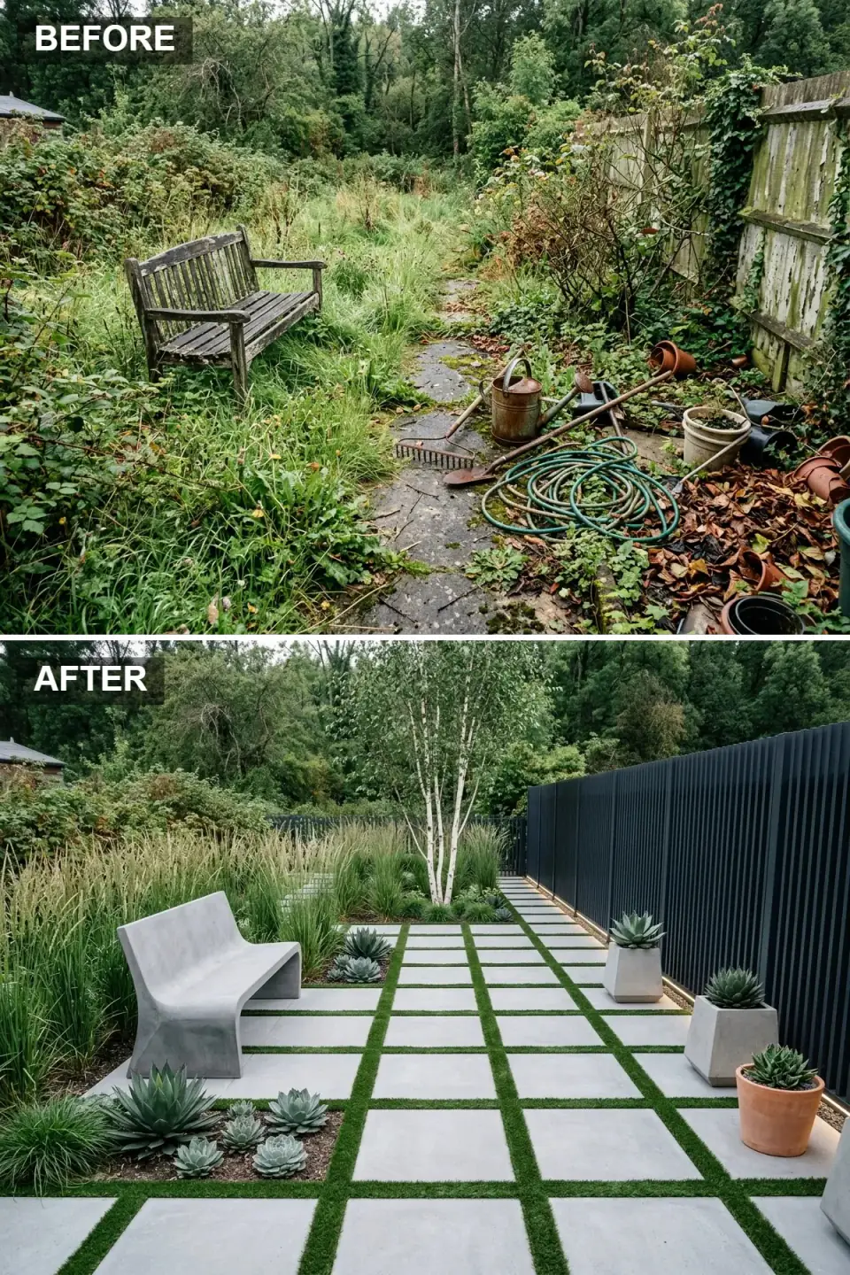 Minimalist backyard with large-format concrete pavers set in grass joints, a sculptural curved concrete bench, black vertical-slat fence and potted agaves