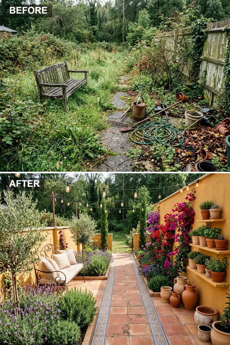 Enclosed Mediterranean courtyard with ochre stucco walls, terracotta pavers with tile inlays, wrought-iron daybed, Edison string lights, cypress and bougainvillea