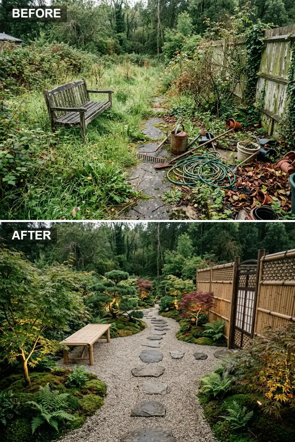 Japanese-inspired garden with raked gravel, irregular basalt stepping stones, bamboo gate with shoji infill, moss mounds, ferns and a Japanese maple