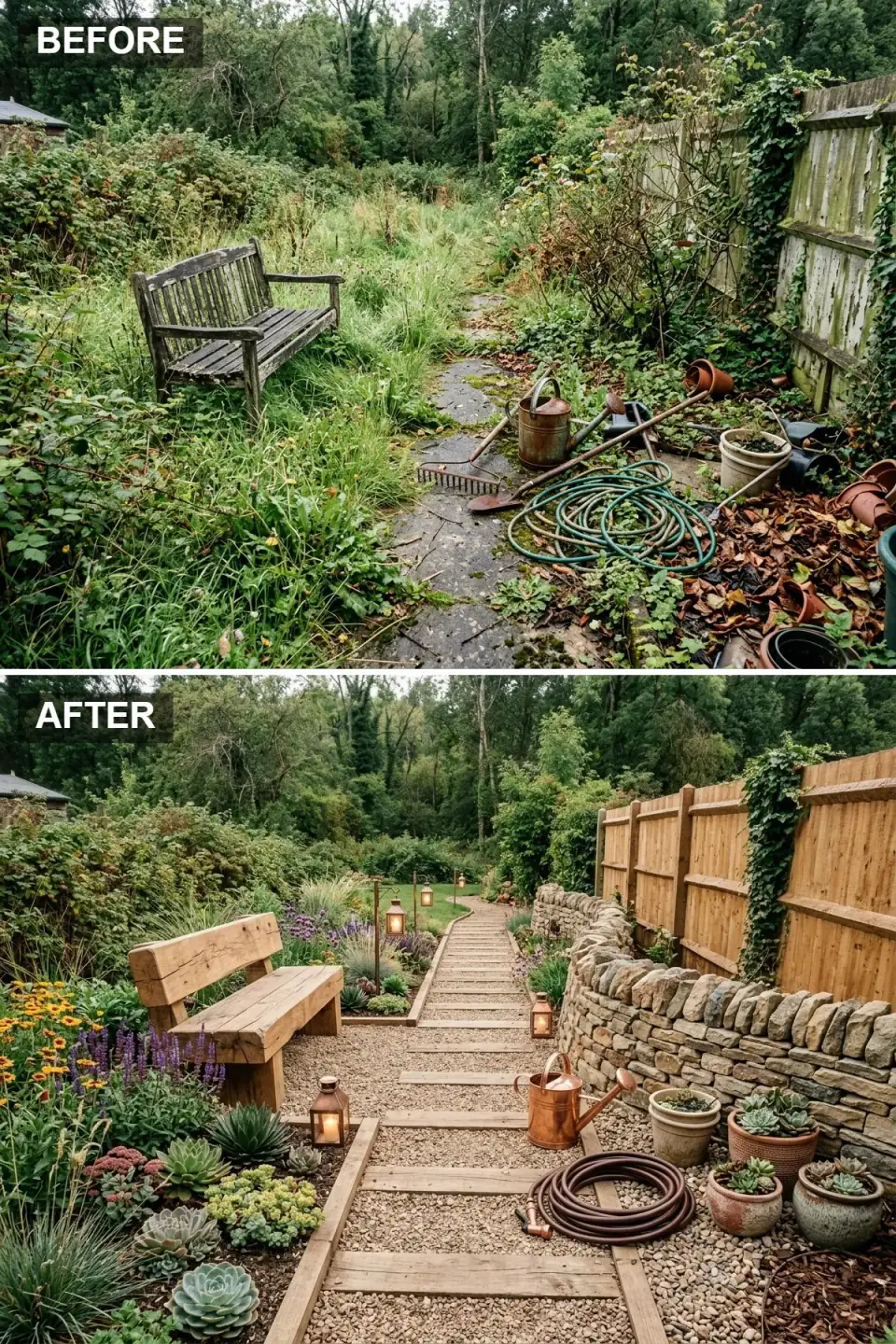 Country garden with timber-edged gravel walk, wooden plank stepping strips, hand-hewn timber bench, dry-stone wall, copper lanterns, lavender and succulents