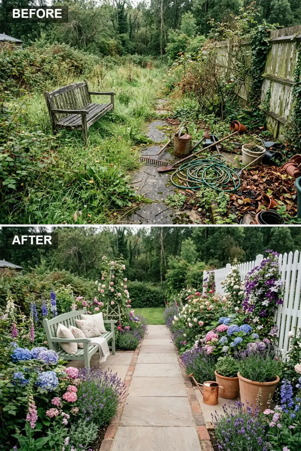 English cottage garden with white picket fence, sage-green painted bench, rose-covered arch, brick-edged flagstone path, hydrangeas, delphiniums and lavender