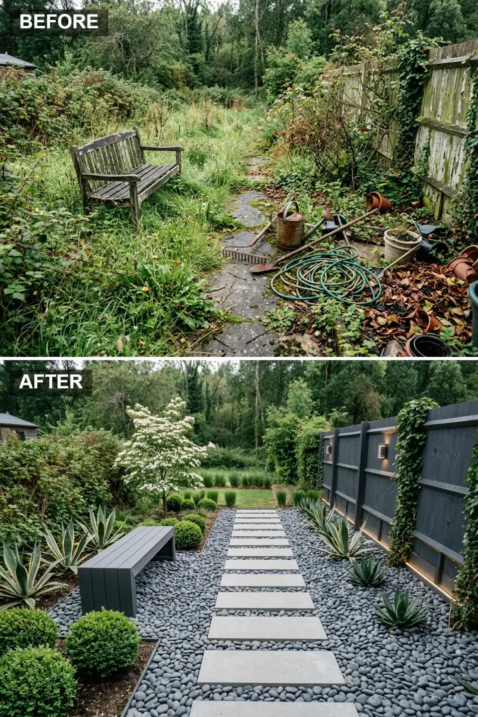 Contemporary dark garden with charcoal horizontal-board fence, integrated cube lights, floating bluestone slabs on dark pebbles, boxwood spheres and agaves