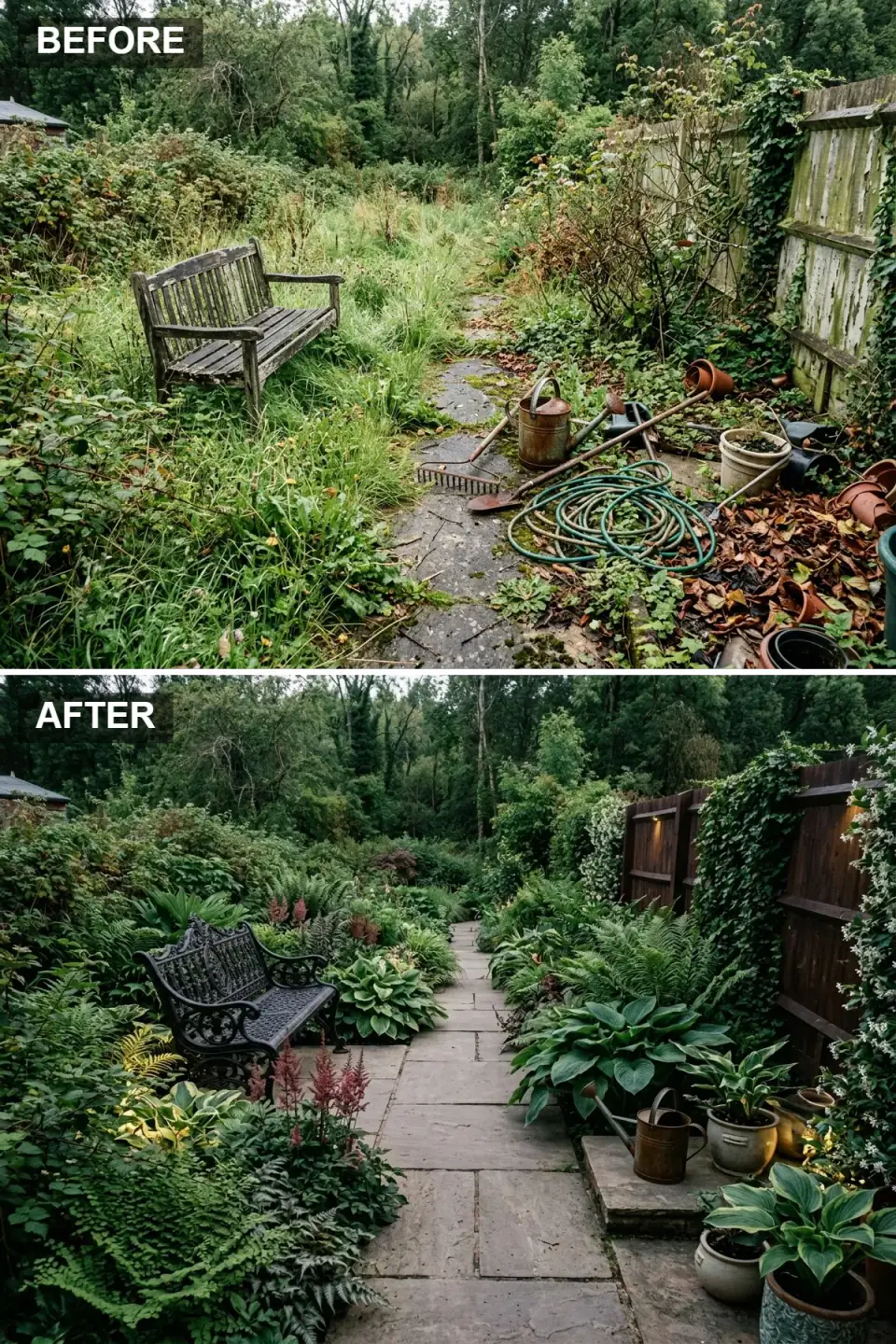 Shaded woodland garden border with dark stained timber fence, black cast-iron scrollwork settee, irregular flagstone path, hostas, ferns, pink astilbe and vintage zinc pots