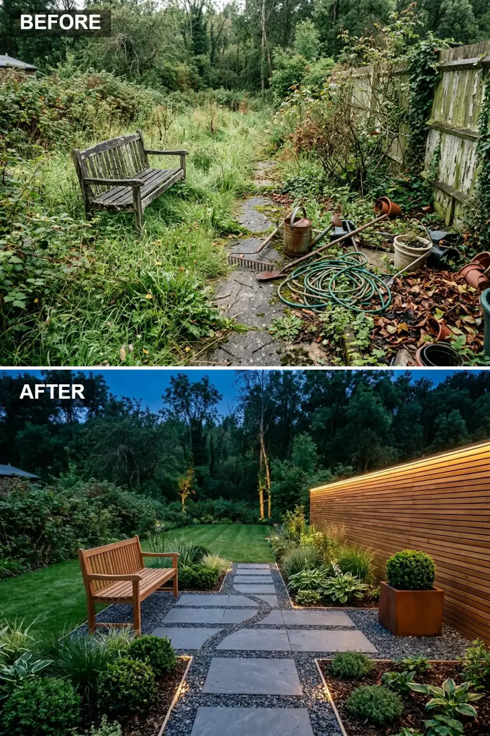 Modern garden at dusk with cedar-slat fence glowing from a concealed LED cove, dark bluestone slabs in charcoal gravel, teak bench, corten steel planters and tree uplighting