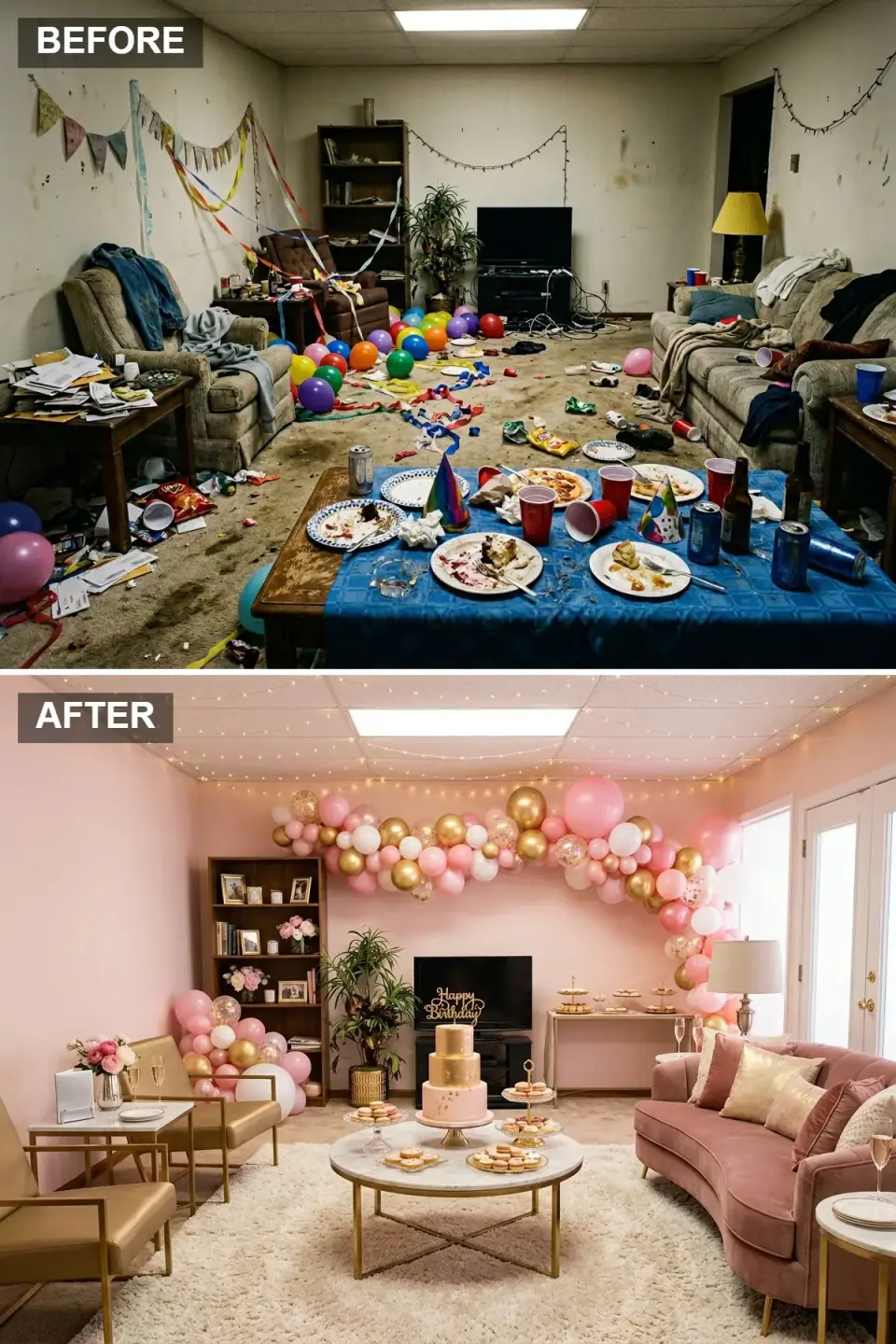 Before-and-after of a cluttered living room restyled into a pink and gold birthday suite with a blush wall, balloon garland, tiered cake on a round gold table, gold-framed chairs, and a rose-pink velvet sofa