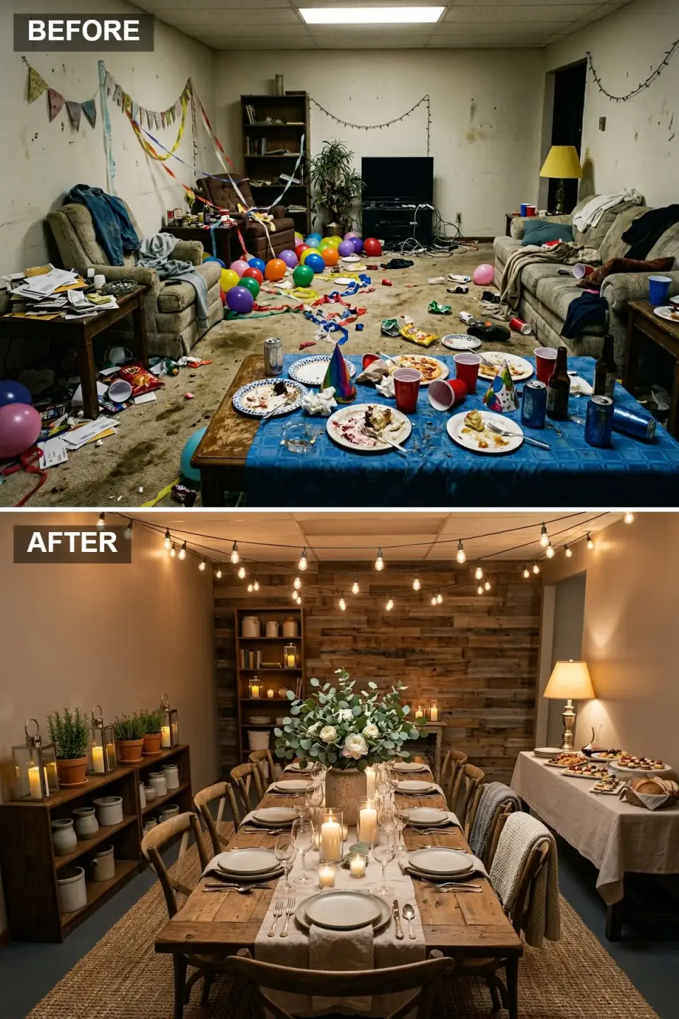 Before-and-after of a cluttered living room converted into a rustic dinner party with a reclaimed-wood plank accent wall, long farmhouse table set with a linen runner, pillar candles, white floral centerpiece, and bistro string lights overhead