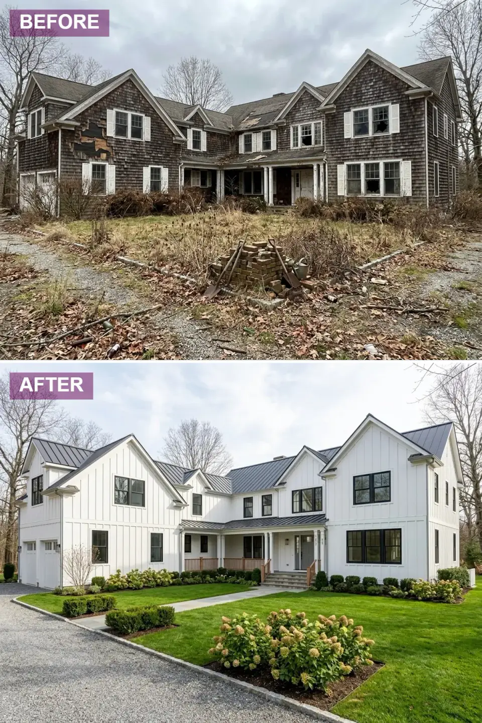 Modern farmhouse revival of an abandoned Hudson Valley house — crisp white board-and-batten siding replacing rotted shingles, matte black standing-seam metal roof, black-framed casement windows, natural cedar front porch with simple square posts, bluestone walkway, manicured boxwood and hydrangea foundation planting.