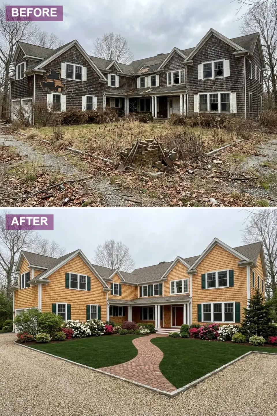 Shingle-style restoration of an abandoned New England house — new cedar shake siding designed to silver over time, white-framed double-hung windows with dark forest green shutters, classic asphalt shingle roof, white-columned covered porch, winding terracotta brick pathway, rhododendrons and hydrangeas in lush foundation beds.