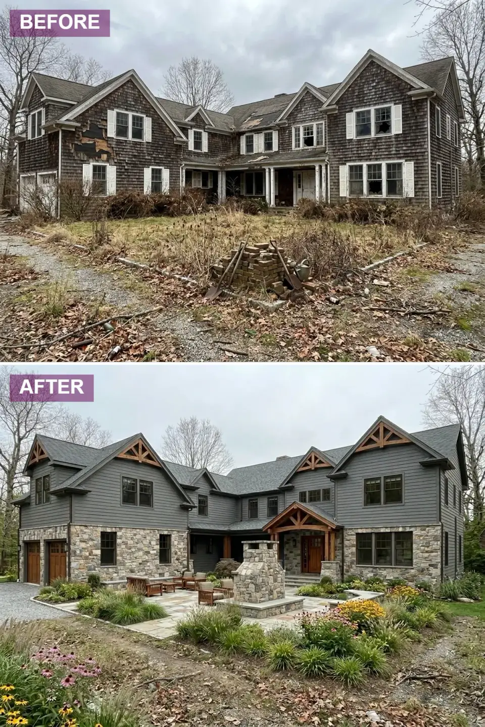Rustic craftsman retreat renovation — dark charcoal grey board-and-batten siding on the upper story, fieldstone veneer on the first floor and stone chimney, exposed timber trusses and beams at the front-facing gables, deep covered porch with stone columns and timber rafters, massive outdoor stone fireplace and flagstone patio, naturalistic landscape of ornamental grasses and native perennials.