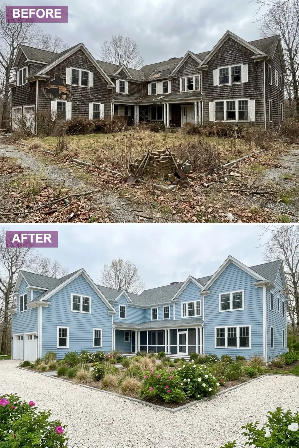 Coastal cottage transformation — light sky-blue clapboard siding with crisp white trim, light grey architectural roof shingles, full-perimeter screened-in front porch with white columns and dark grey screen mesh, crushed-shell driveway, beach-grass and beach-rose foundation planting, low cottage-style picket detailing.