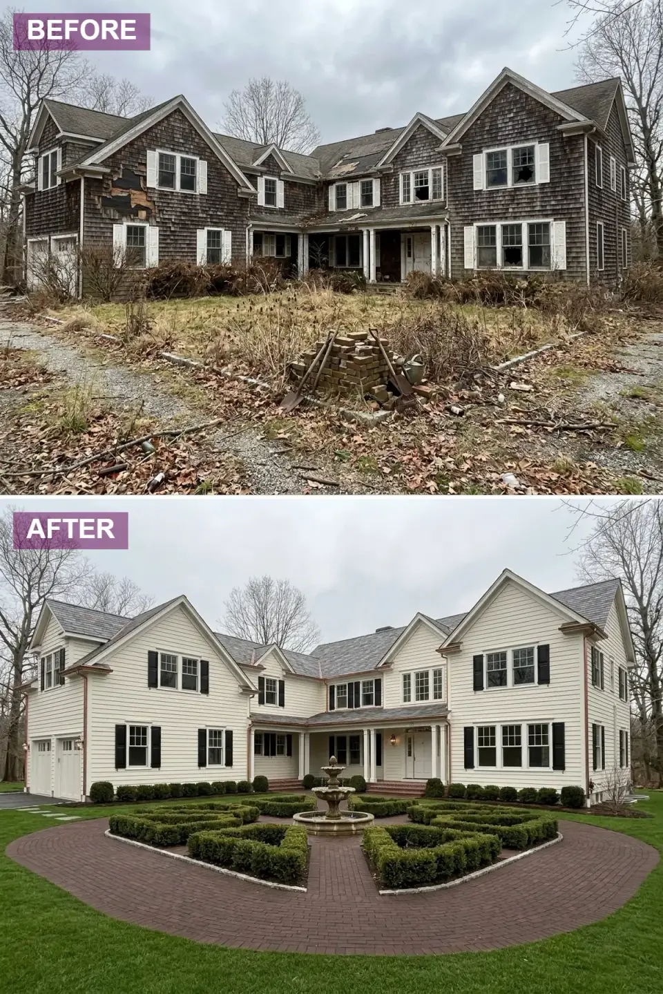 Colonial estate transformation — cream-colored clapboard siding with elegant jet-black operable shutters, premium slate roof with copper gutters and downspouts, stately classical white-columned front portico, large circular brick driveway, central tiered limestone fountain, symmetrical boxwood hedge gardens with formal pea-gravel paths.