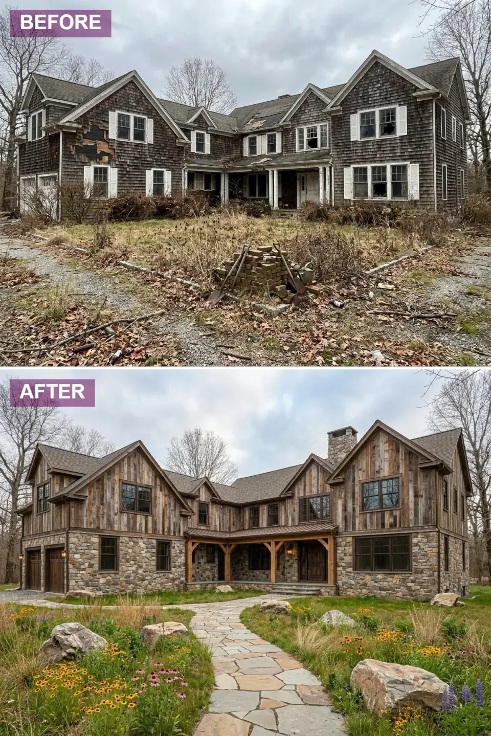 Mountain lodge renovation — reclaimed barnwood siding on the upper story with original saw marks and weathered patina, large mountain-stone veneer on the first floor and full-height side chimney, heavy timber porch posts and rafters, irregular flagstone path winding through native wildflower meadow with large glacial boulders.